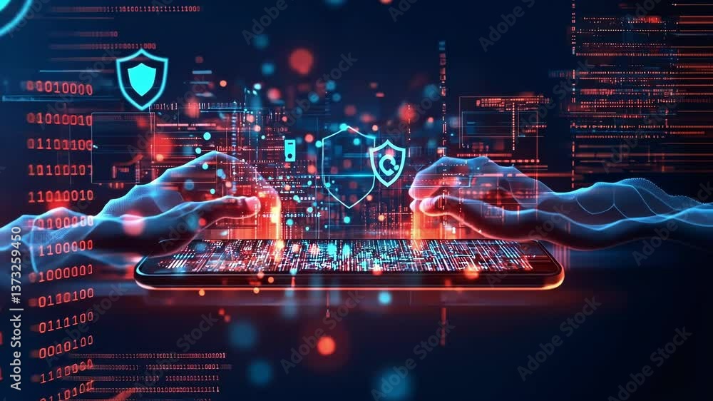 Aufkleber two software developers are securing sensitive data on a mobile phone. implementing an advanced cybe