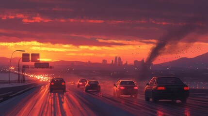 Cars driving on a highway during a beautiful sunset sky