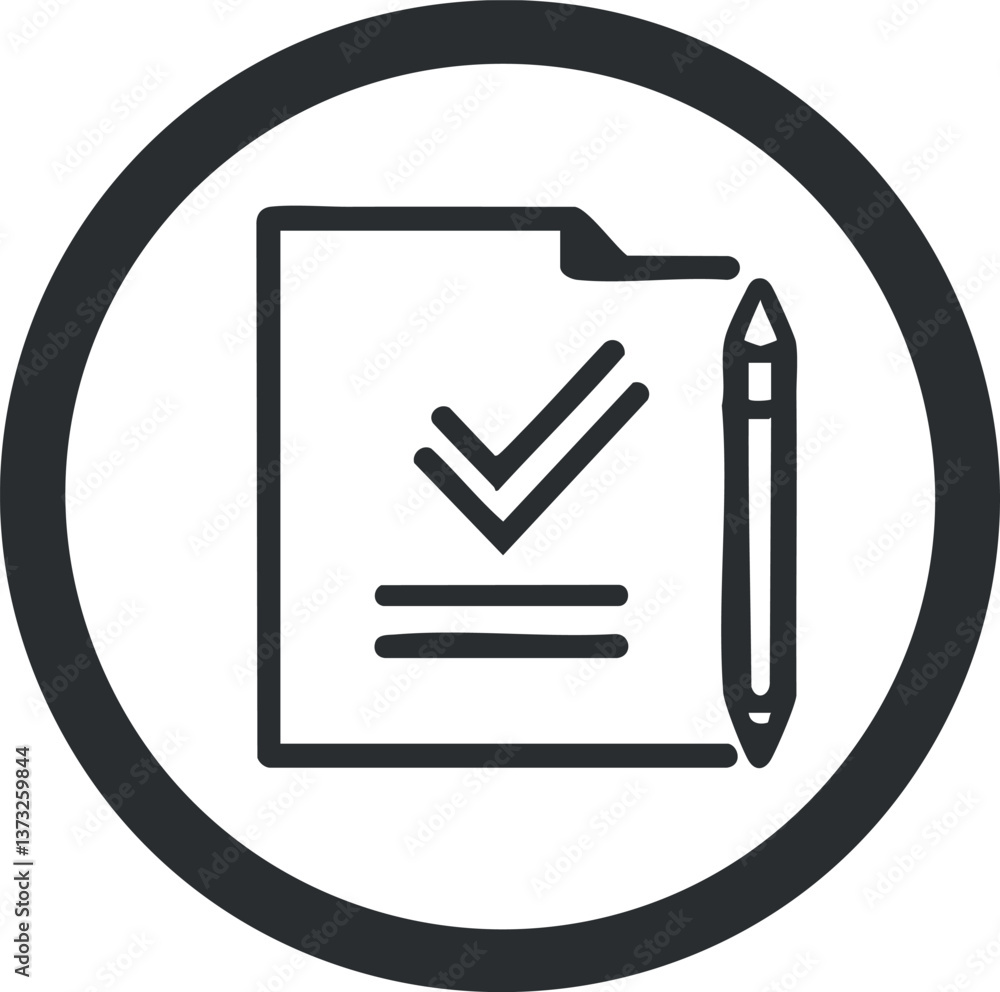 Poster black and white icon of a checklist with a pencil, symbolizing tasks and organization.