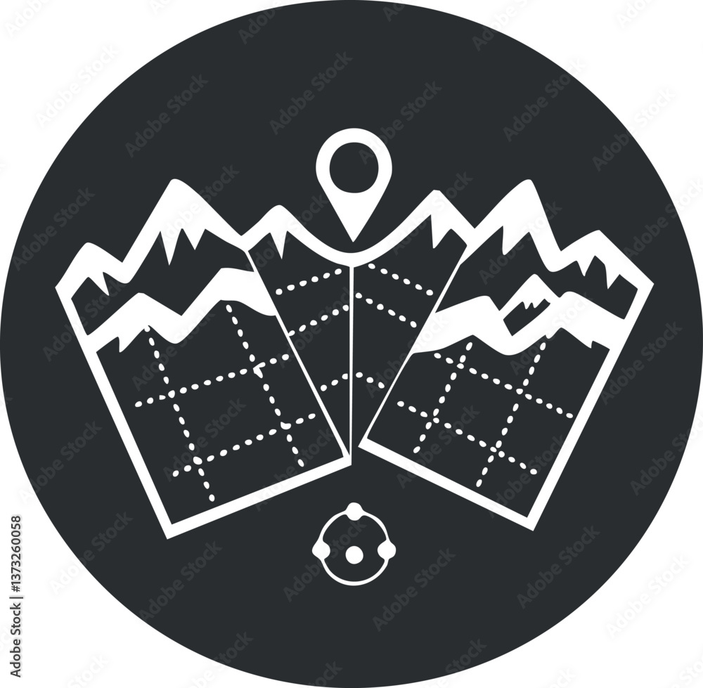 Poster black and white icon of a mountain map with a location pin, representing navigation and exploration.