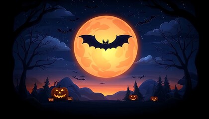 Halloween Night Bat Moon Landscape.