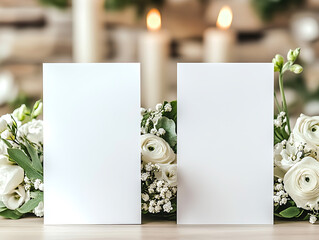 two side-by-side blank 4x8 vertical wedding programs white blank card mockup, on soft candlelight background, perfect for wedding or event themes
