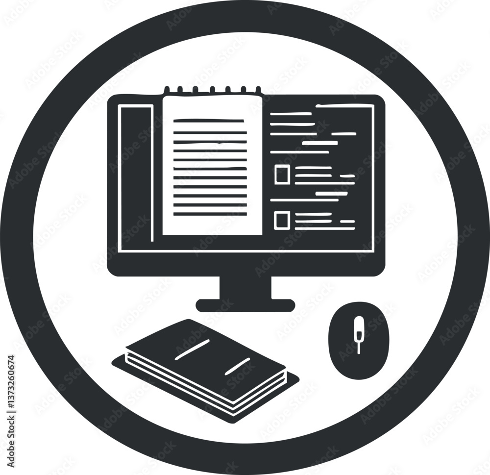 Poster icon depicting a computer monitor with a digital document, notebook, and mouse, symbolizing technolo