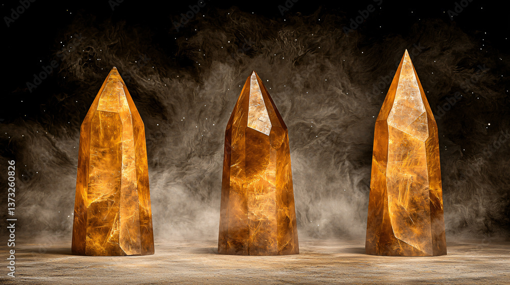 Aufkleber trio of large crystals glimmering in atmospheric fog creating a mystical and ethereal scene full of 