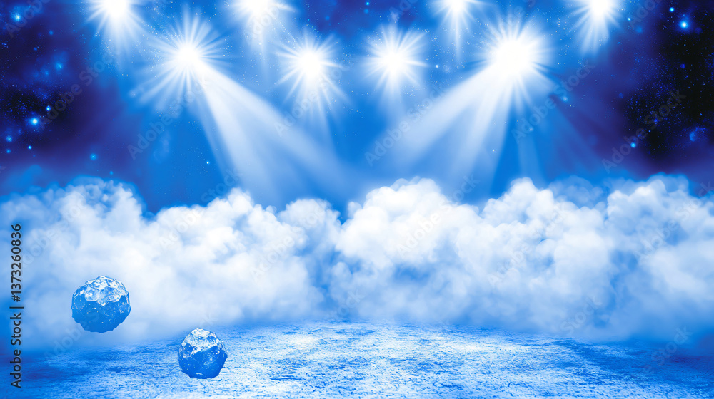Poster enchanting stage with a globe surrounded by ethereal clouds and cosmic elements in a dreamlike atmos