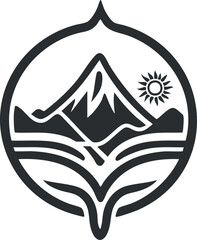 Abstract mountain logo with sun, featuring bold lines and minimalist design elements.
