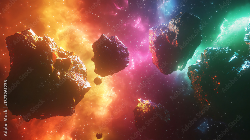 Poster vibrant and colorful space scene featuring cosmic elements and mystical atmosphere with crystal-like