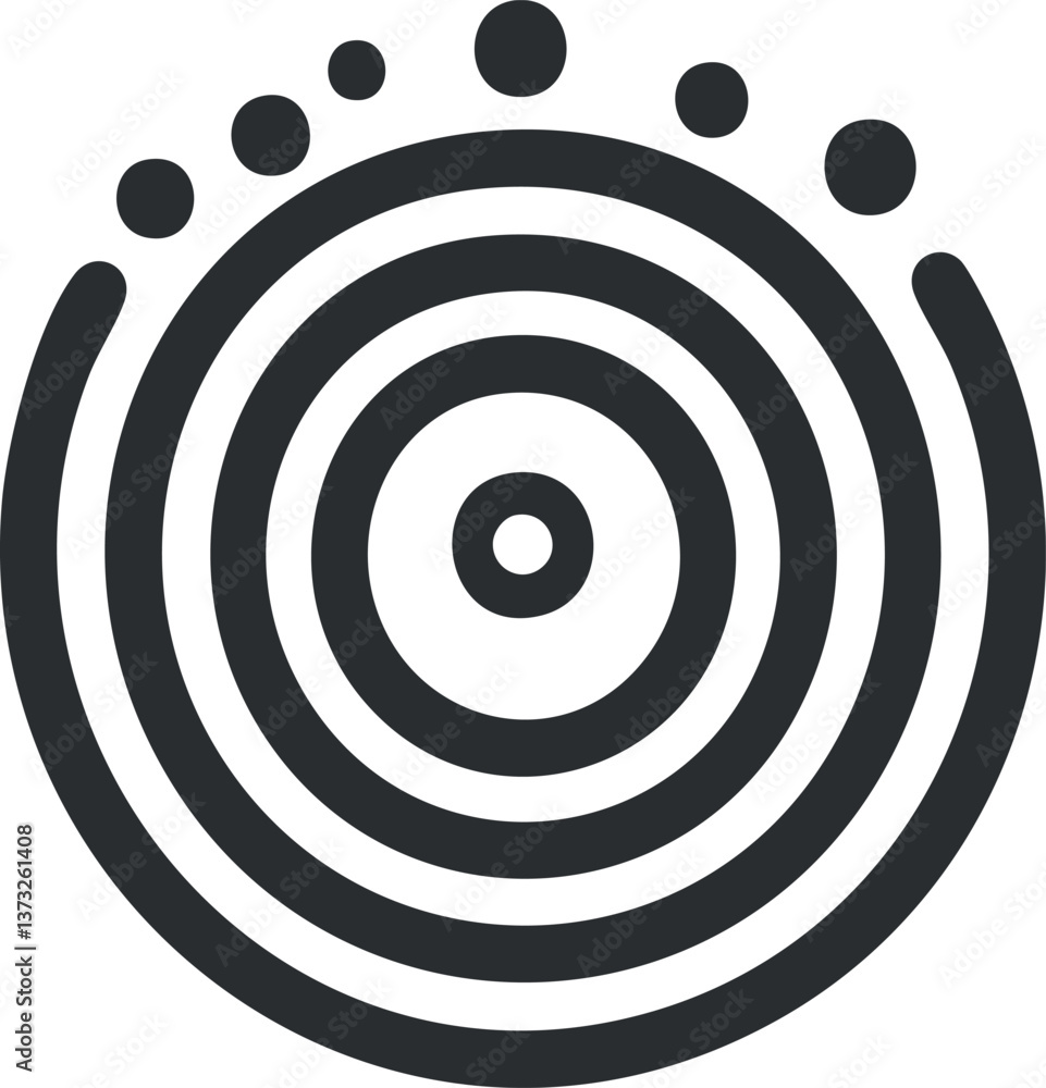 Poster abstract design featuring concentric circles and dots in a minimalist black and white pattern.