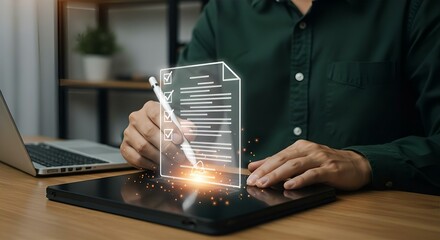 Digital Signature Concept: Man Signing Document on Tablet with Holographic Pen - Business Technology, E-Signature, Online Agreement