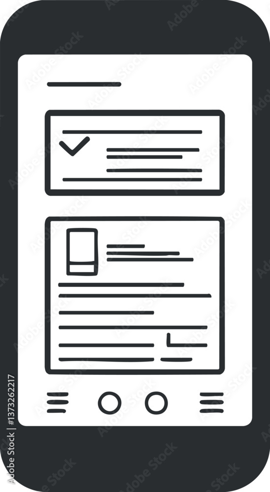 Poster minimalist wireframe illustration of a smartphone interface design, showcasing user interface elemen
