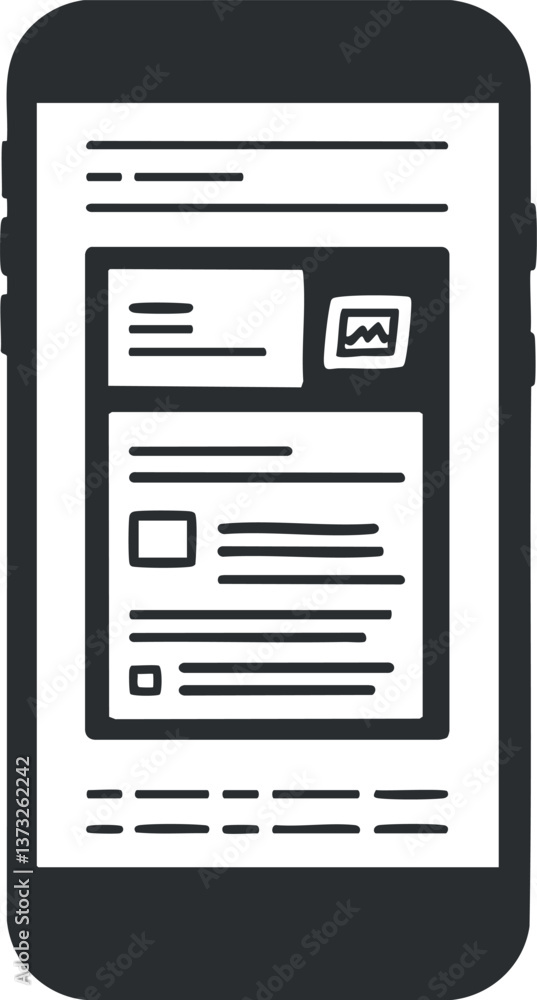 Poster black and white smartphone illustration showing a user interface layout with text and images.