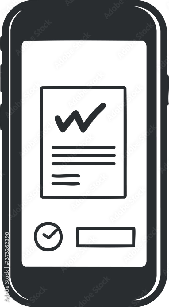 Poster black and white illustration of a smartphone displaying a document with a checkmark icon.