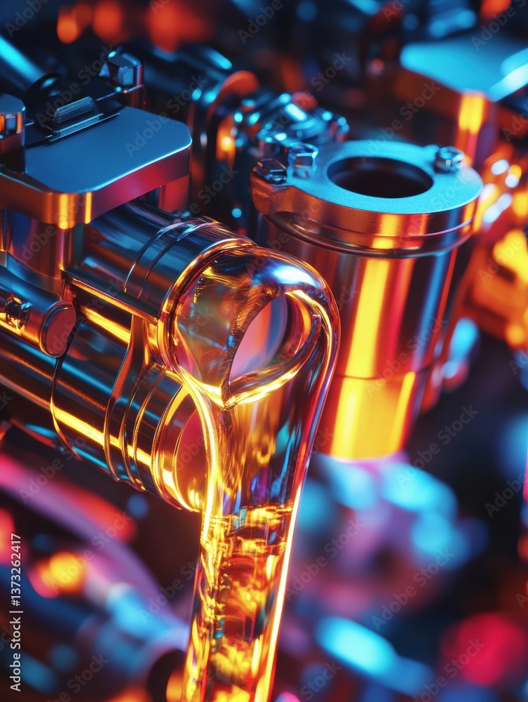Poster close-up view of an engine piston showcasing gasoline flow in vibrant neon highlights and cutting-ed