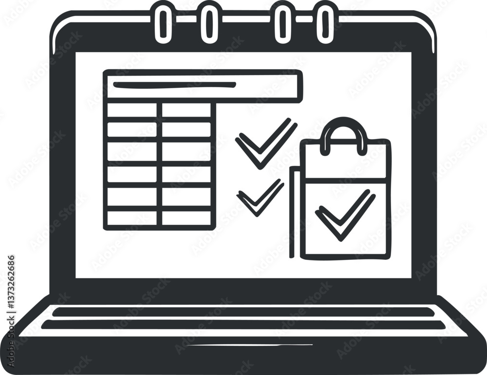 Poster black and white illustration of a laptop displaying a checklist and a grid interface.
