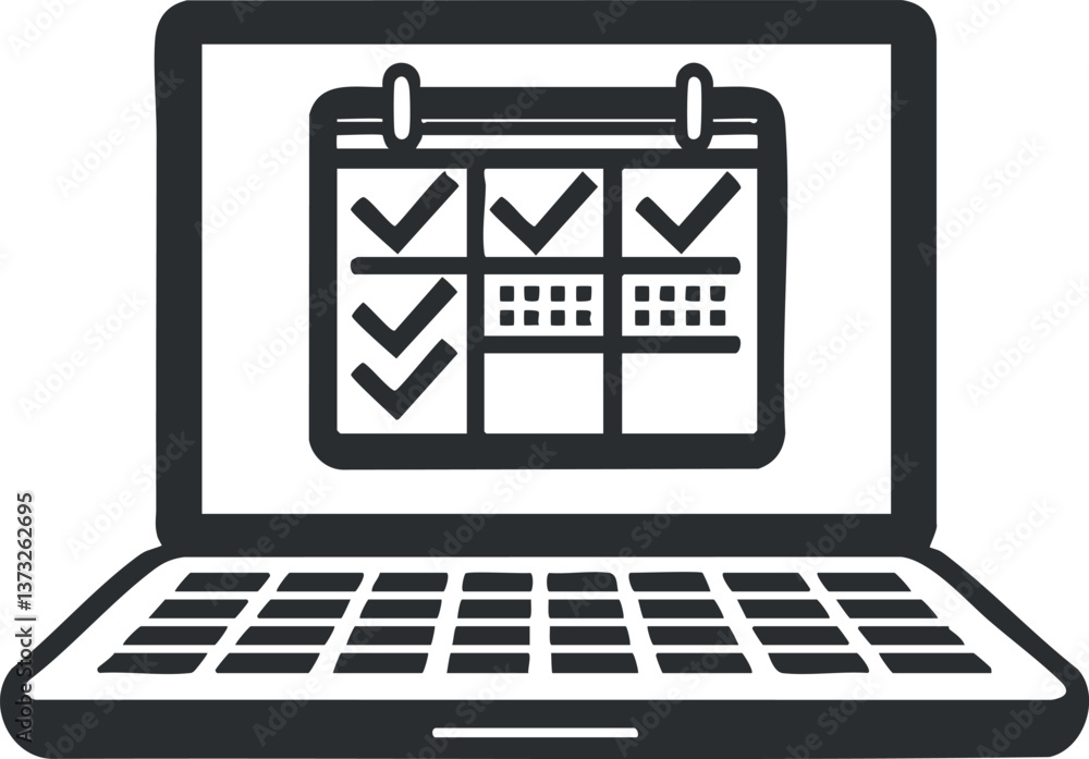Poster illustration of a laptop displaying a calendar with checkmarks, symbolizing digital scheduling.