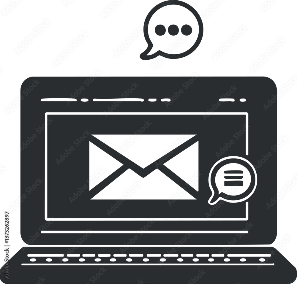 Poster black and white icon of a laptop displaying an email symbol with chat notifications.