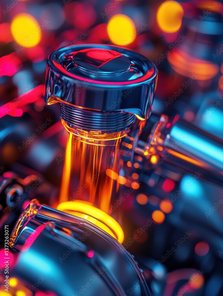 Poster Close-up view of a high-tech engine piston showcasing gasoline flow with vibrant neon highlights in a futuristic automotive setting