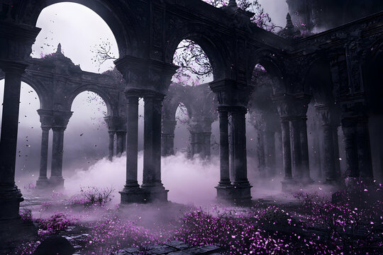 Purple Fog Envelops Ancient Ruins at Twilight