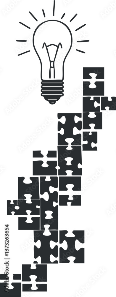 Poster lightbulb above puzzle pieces representing innovative ideas and solutions in problem-solving.