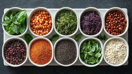 Minimalist vegan meal presentation with grains and legumes kitchen counter food photography natural light culinary art