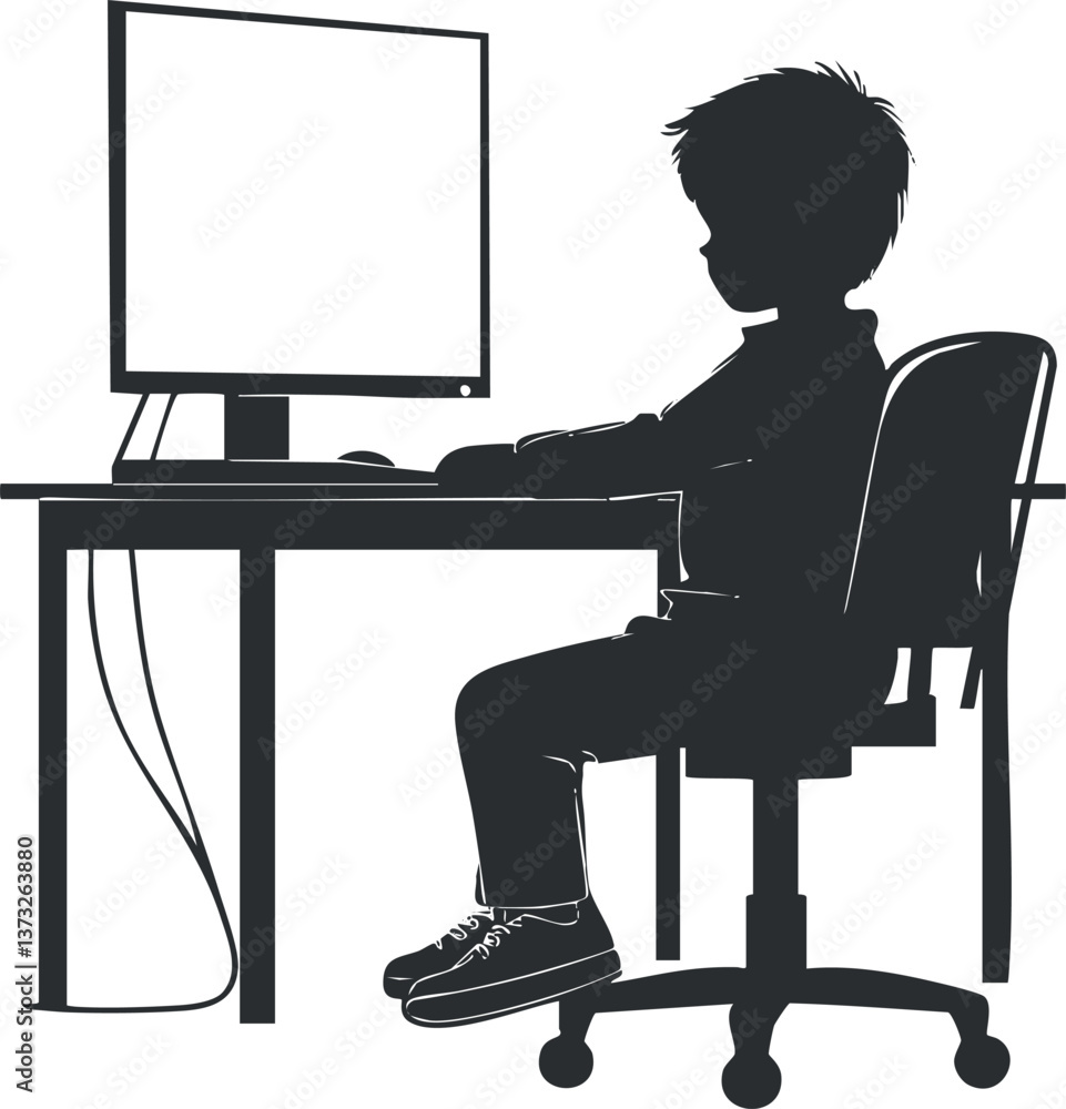 Poster silhouette of a child sitting at a desk with a computer, emphasizing technology use in education.