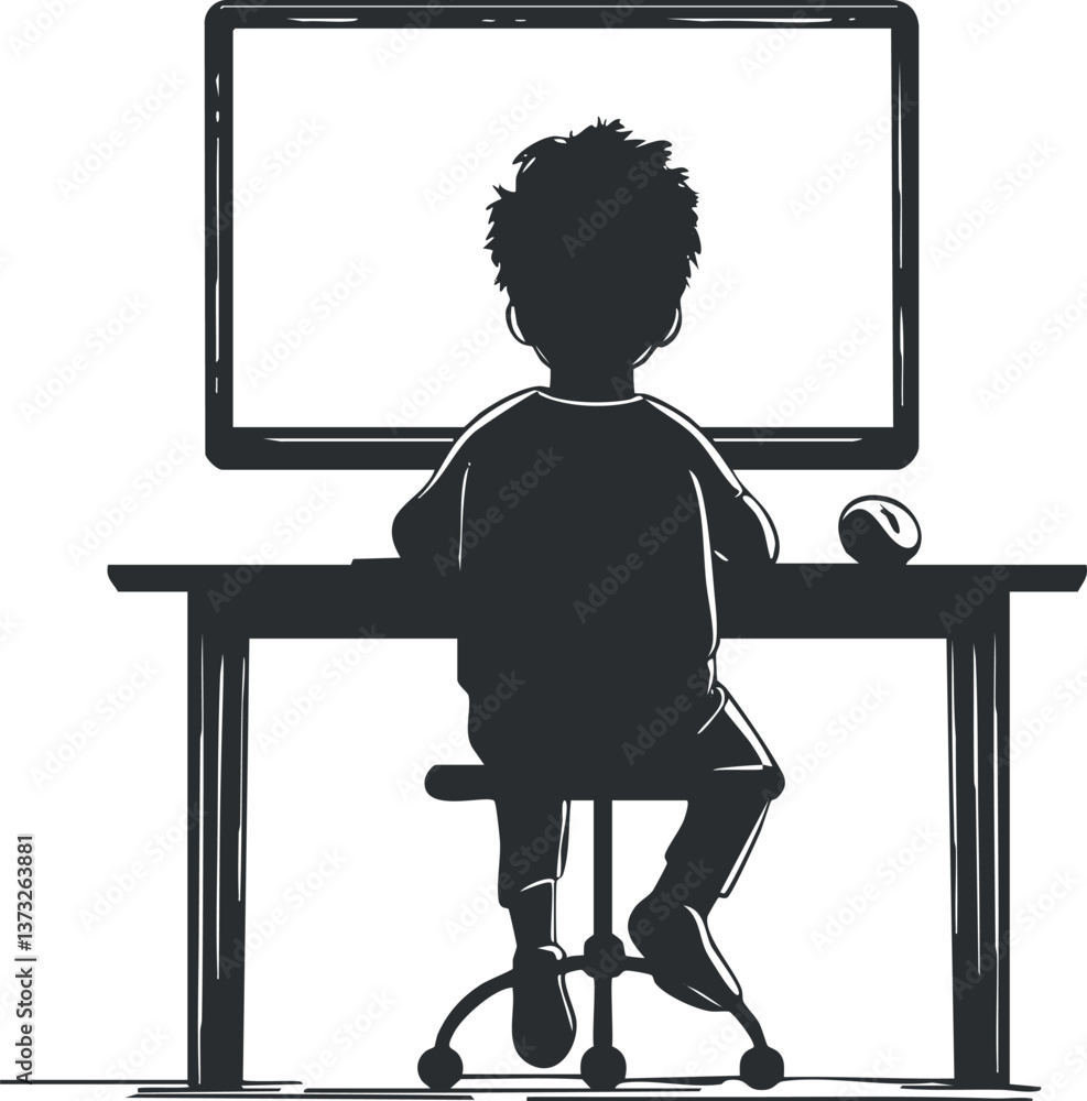 Aufkleber silhouette of a child sitting at a desk using a computer monitor, illustrating digital work.