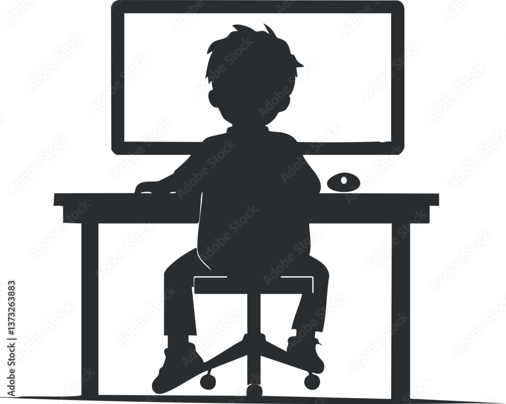 Aufkleber silhouette of a child sitting at a desk using a computer, showcasing technology and learning.