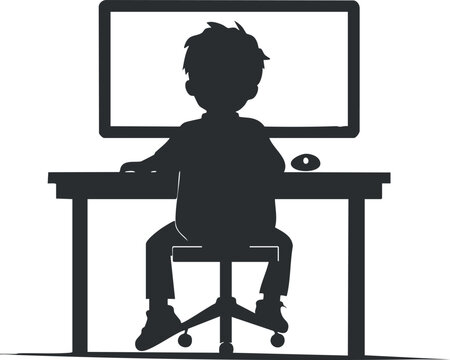 Silhouette of a child sitting at a desk using a computer, showcasing technology and learning.