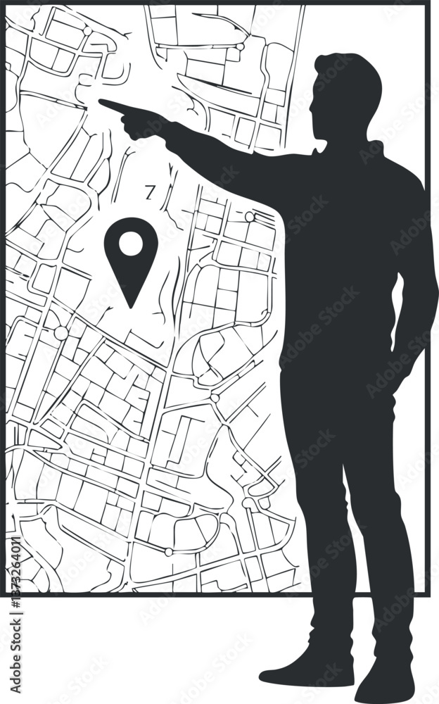Aufkleber silhouette of a person pointing at a map with a location pin symbol.