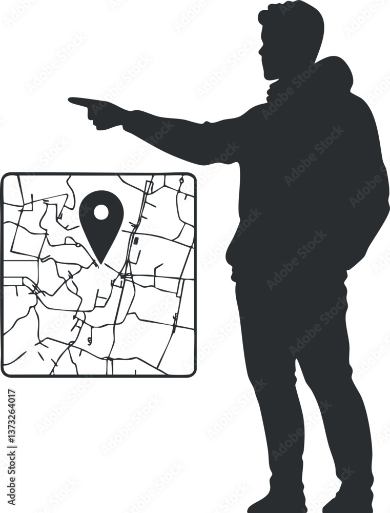 Poster silhouette of a man pointing at a map with a location marker icon.