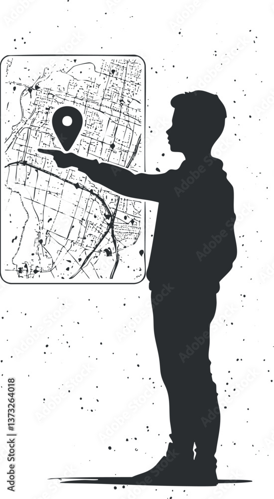 Poster silhouette of a man interacting with a digital map and location pin on a city layout.