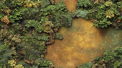 Weathered moss covered wall surrounded by nature with unique textures and shades of green adding charm to an outdoor setting