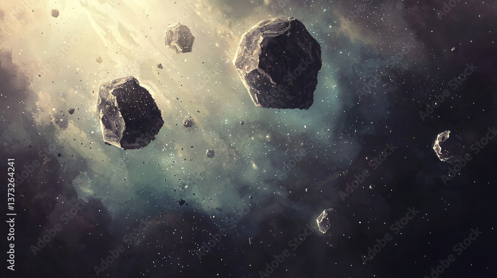 Poster asteroids flying through space with a diffused glow creating an enchanting cosmic scene of celestial