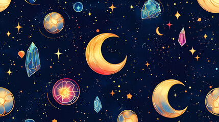 A whimsical design featuring moons, crystals, and stars, perfect for magical or celestial-themed projects.