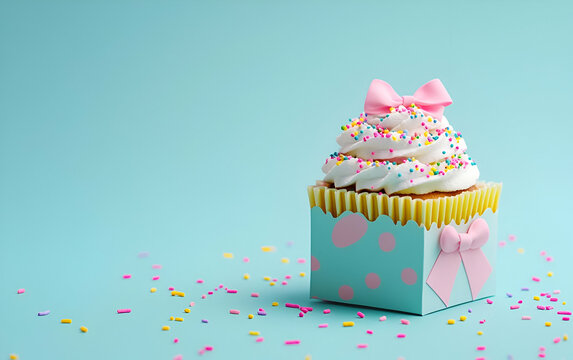 Colorful cupcake with sprinkles and a pink bow, set against a light blue background, perfect for celebrations.