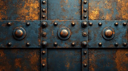 Fototapeta premium abstract geometric pattern old worn copper antique rivets on cast iron metal wall surface with with bolts 3d render