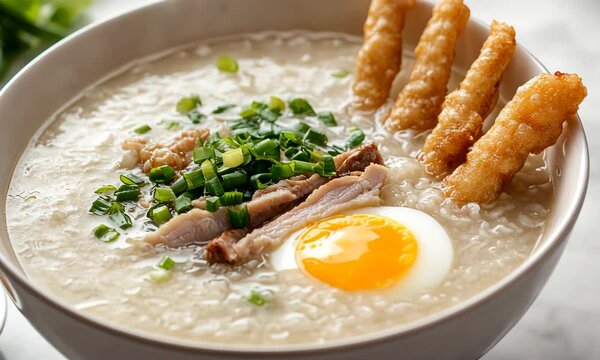 Delicious bowl of congee topped with green onions, chicken, and egg with ai generated.