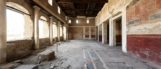 Ancient Ruins Interior: Stone Walls and Columns in a Decayed Building