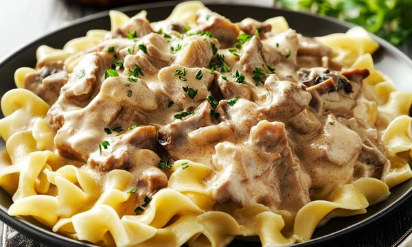 Creamy Mushroom Stroganoff Over Egg Noodles in Black Bowl with ai generated.