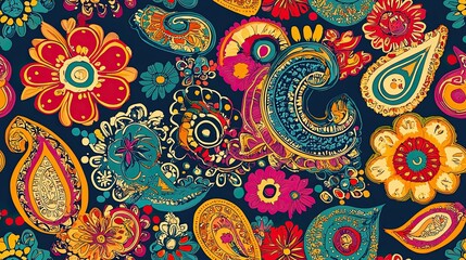 Vibrant and colorful paisley pattern featuring a kaleidoscope of bright colors and swirling shapes ideal for fashion and home decor projects