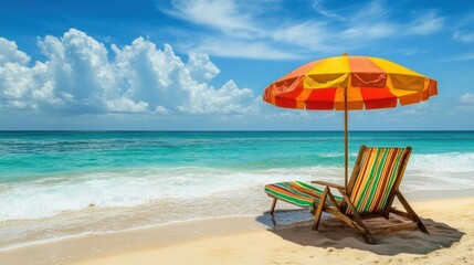 Colorful beach relaxation with striped sun lounger and bright umbrella near ocean waves on a tropical vacation