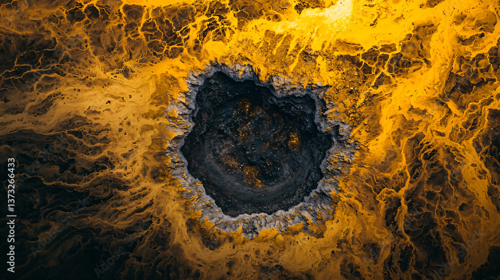 Poster aerial perspective of a hole in the ground illuminated by golden hour glow encapsulating cosmic elem