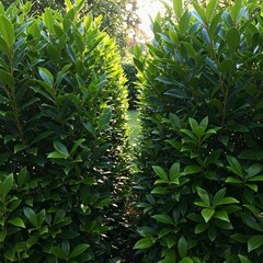 narrow garden pathway bordered by dense hedges of vibrant green foliage, with sunlight filtering through, creating a serene atmosphere