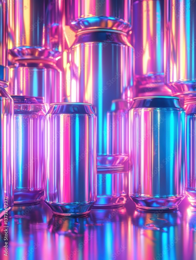 Poster futuristic neon-lit background with stacked energy drink cans reflecting vibrant colors in a cyberpu