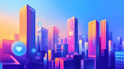 Obraz premium The residential area, which is a vibrant cityscape, stands between these towering buildings with holographic figures representing the styles of different digital brand empires, from YouTube to TikTok,