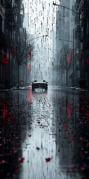 Fototapeta Rainy City Street at Night Digital Art