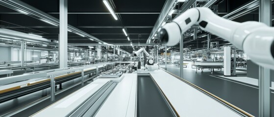Engineers perfecting AI assisted industrial robotics for assembly lines, high-tech factory floor with collaborative robotic arms, High-tech style