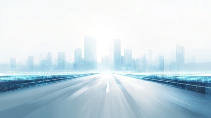 A blurred highway with motion blur leading to the city skyline, with blue and white glowing data streams in the background representing digitalization