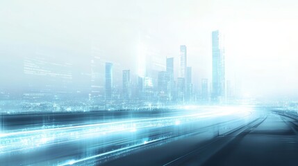 Fototapeta premium A blurred highway with motion blur leading to the city skyline, with blue and white glowing data streams in the background representing digitalization