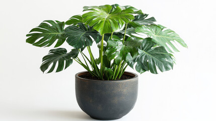 Obraz premium lush monstera plant in modern pot, showcasing vibrant green leaves with unique splits and holes, adding touch of nature and elegance to any indoor space
